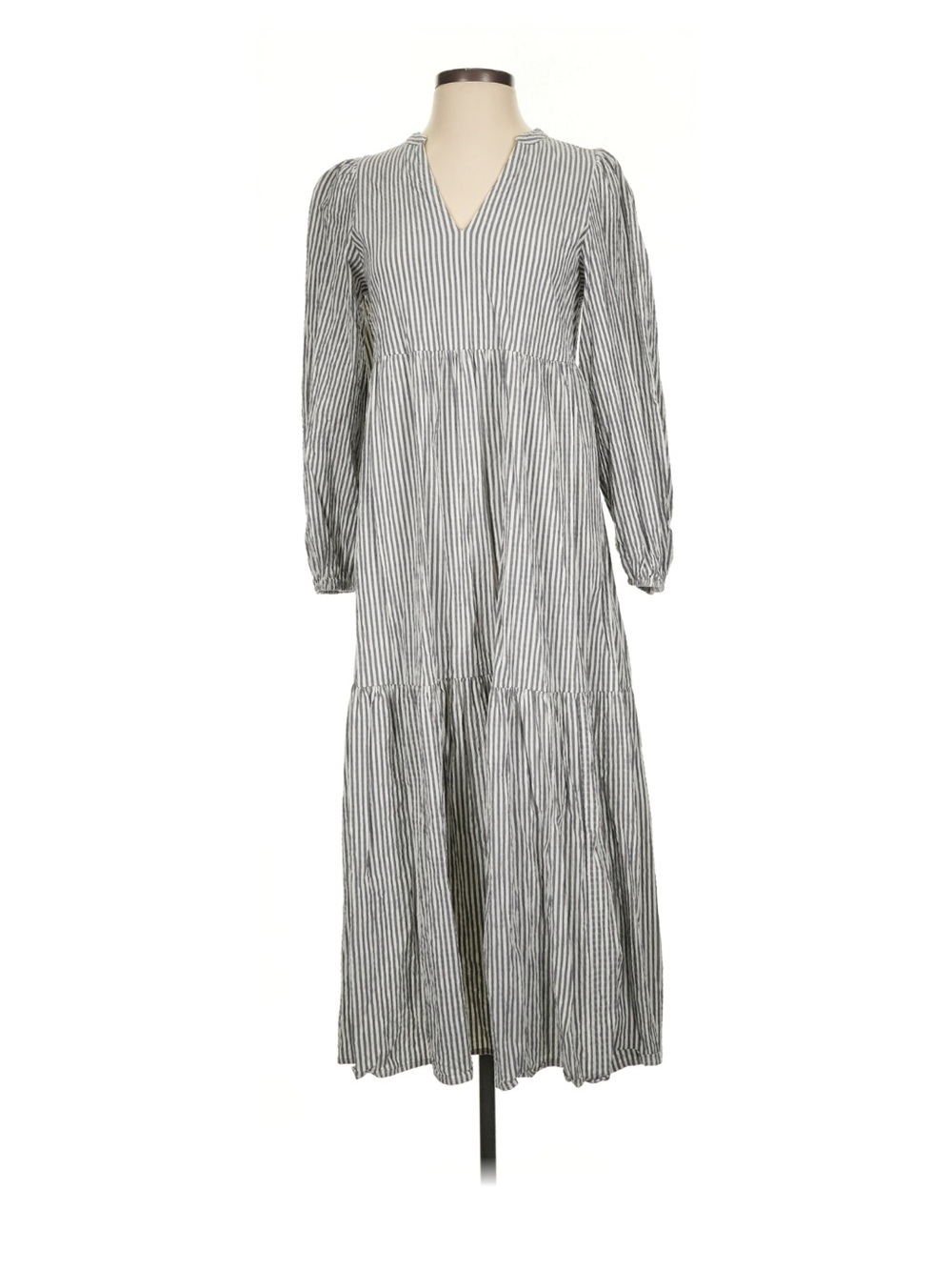 Striped Long Sleeve Tiered Midi Dress - Gray/White